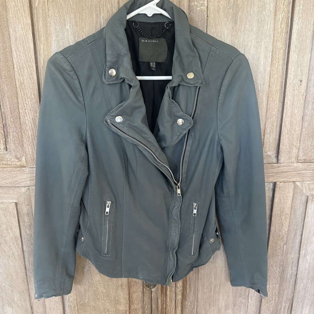 MUUBAA Leather Moto Biker Jacket Womens Small US 4 Gray Lambskin Fitted Silver